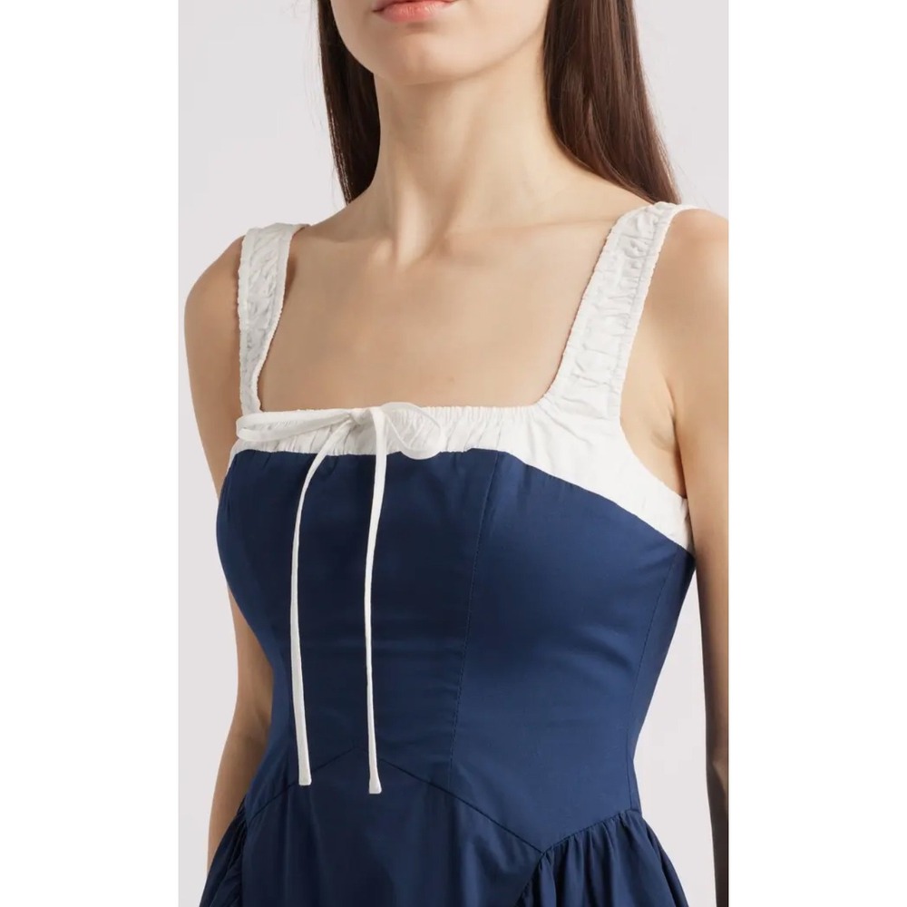 Moon River Blue White Smocked Fit Flare Midi Dress Cotton Milkmaid Cottage XS - Picture 3 of 16